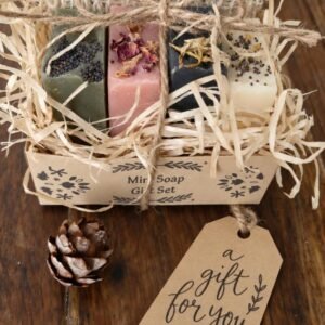 Mini artisan cold process soap gift set with reusable soap saver bag, handmade in Gozo, Malta.
